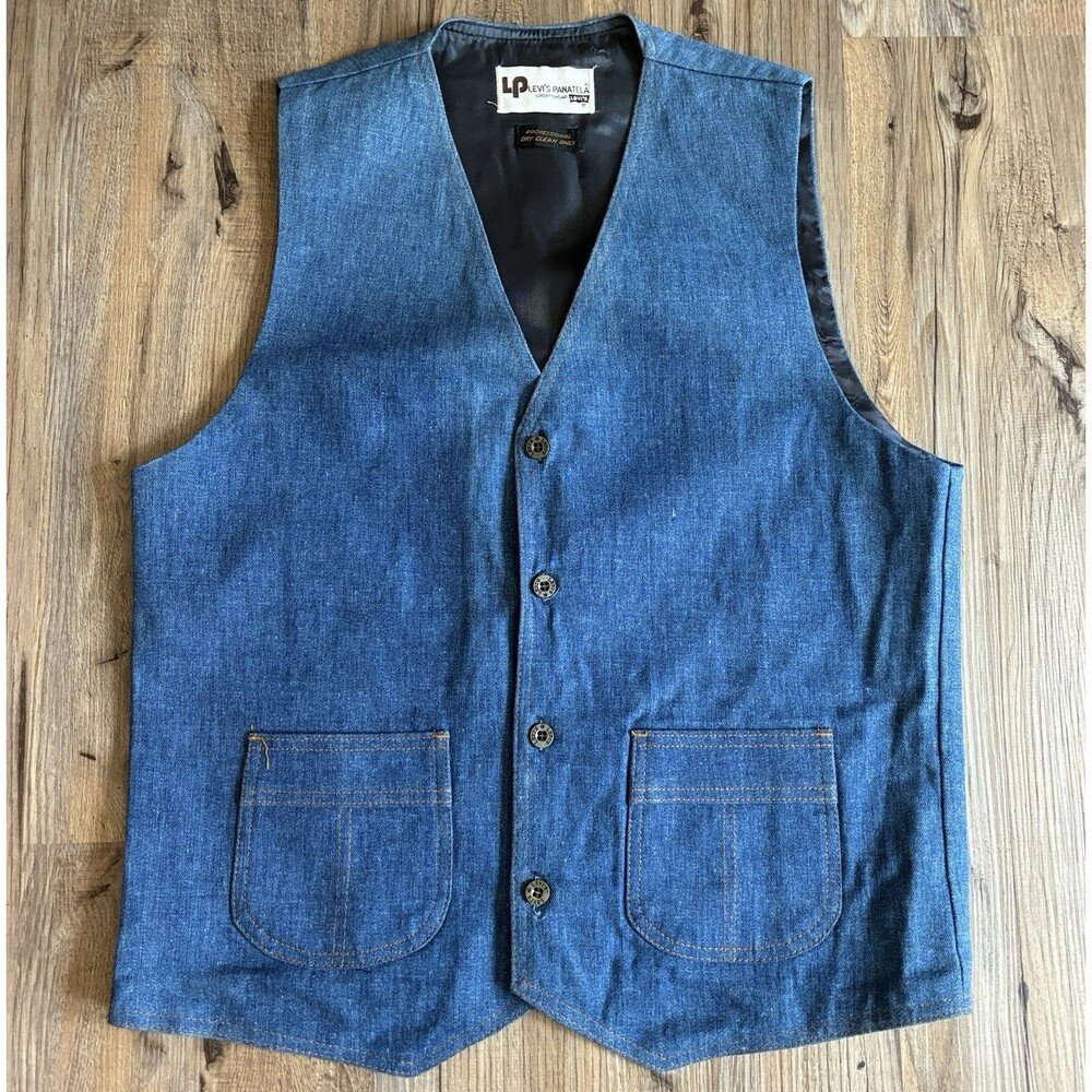 VTG 1970s Levi's Panatela Blue Denim Button Front Vest Lined V-Neck Mens S